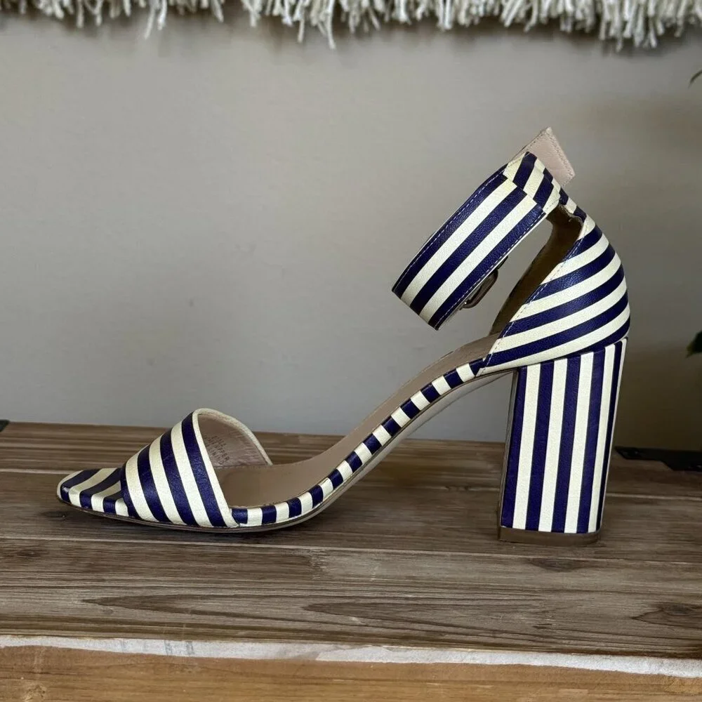 J. Crew Leather Light Cream Navy Stripe Ankle Strap Open Toe Block Heel Sandals
